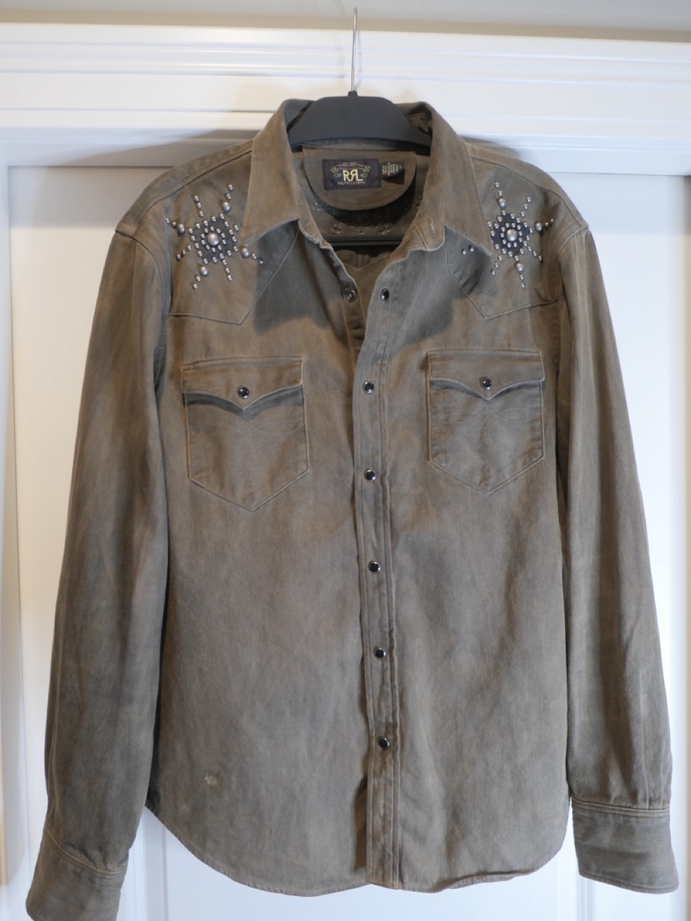 Ralph Lauren Double RL Distressed Olive/Brown Denim Studded Western Shirt